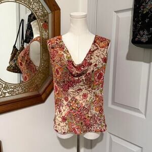 Aline Bohemian Floral Patchwork Pattern Sheer Cowl Neck Sleeveless Top 8/M